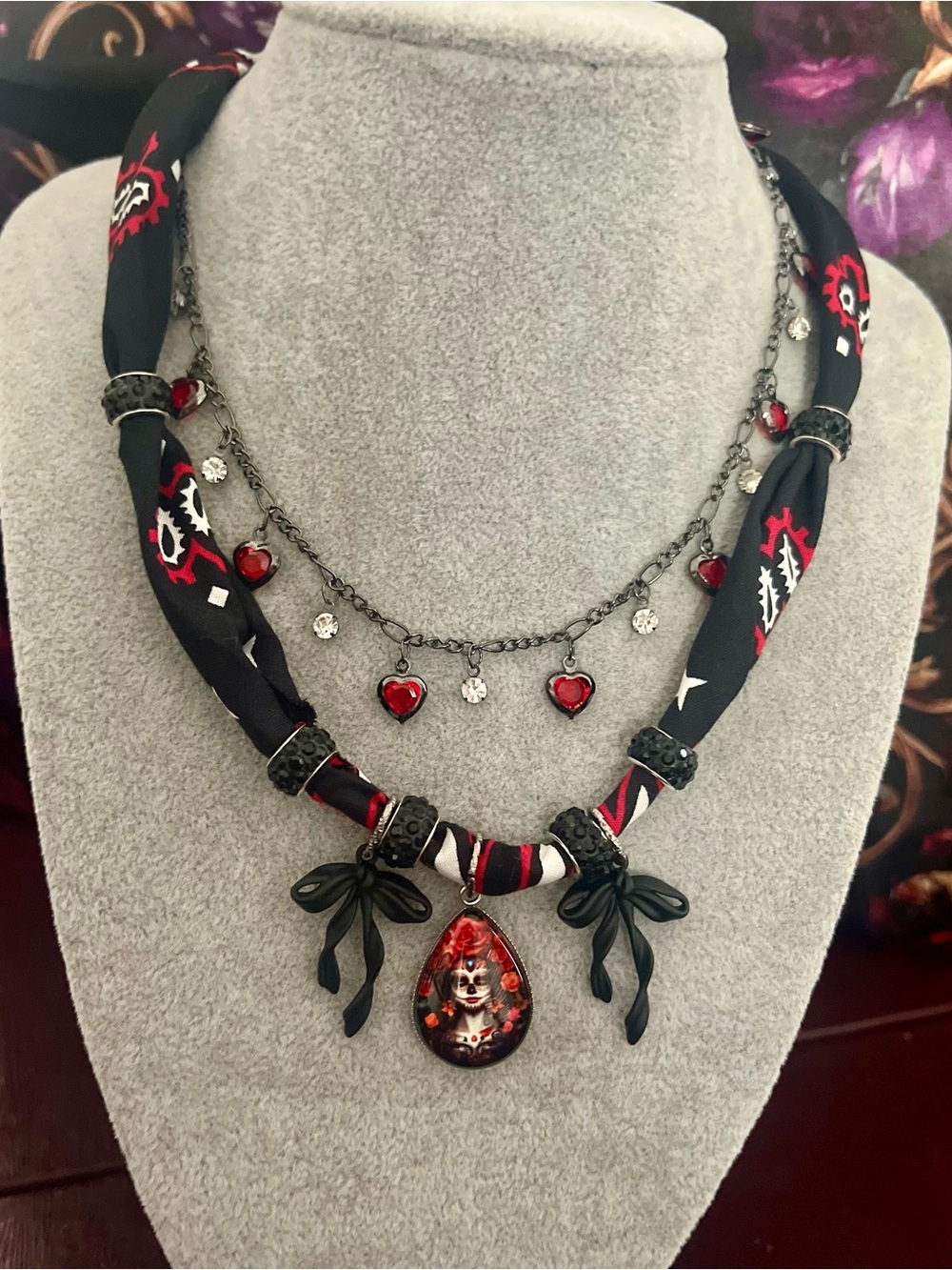 Bohemian Black & Red Day of the Dead Senorita Bandana Pendant Scarf & Chain